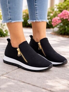 Women’s Black Slip-On Knit Sneakers with Gold Zip Accent